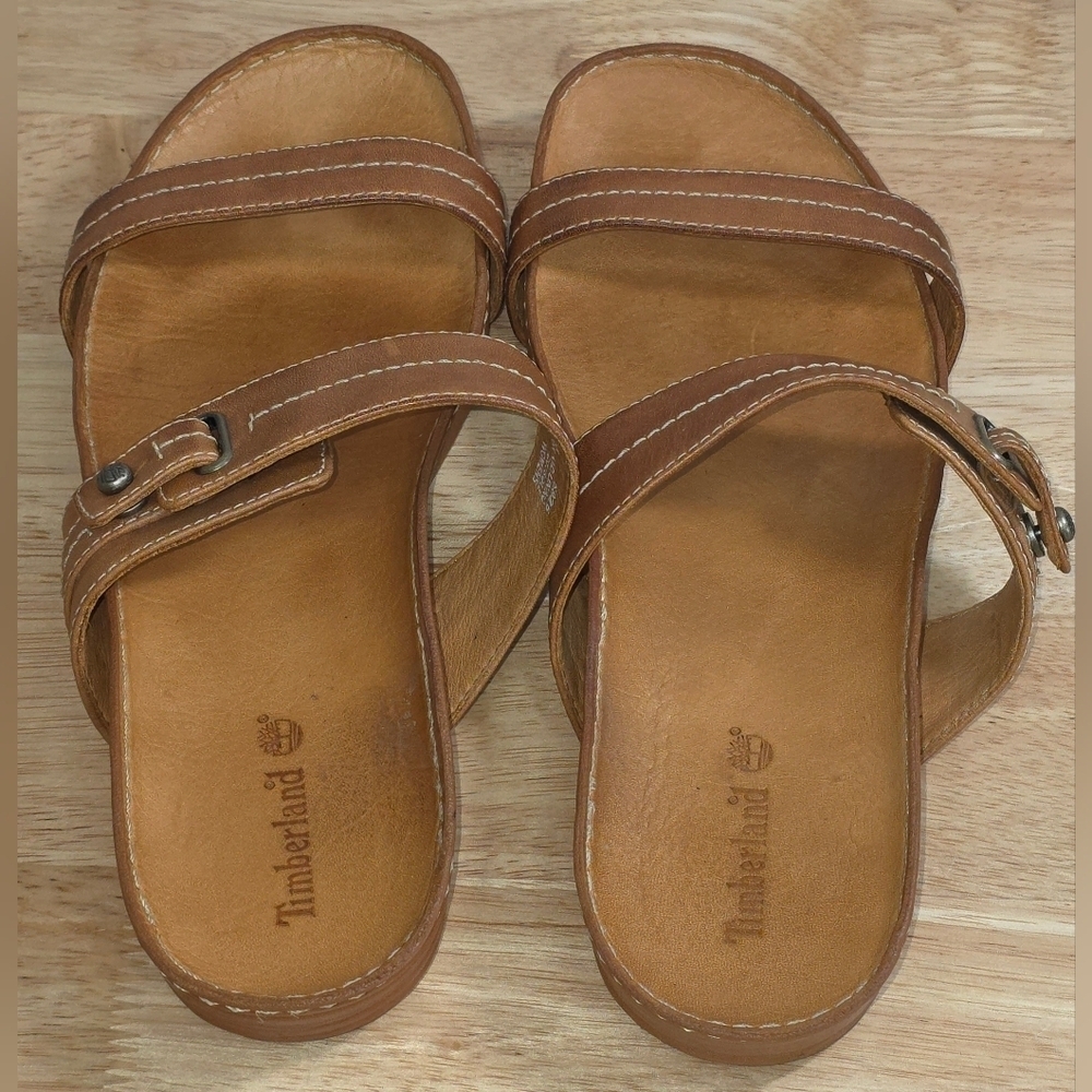 Timberland Ladie's Tan Leather Slide Sandals Size 8 - Picture 2 of 7